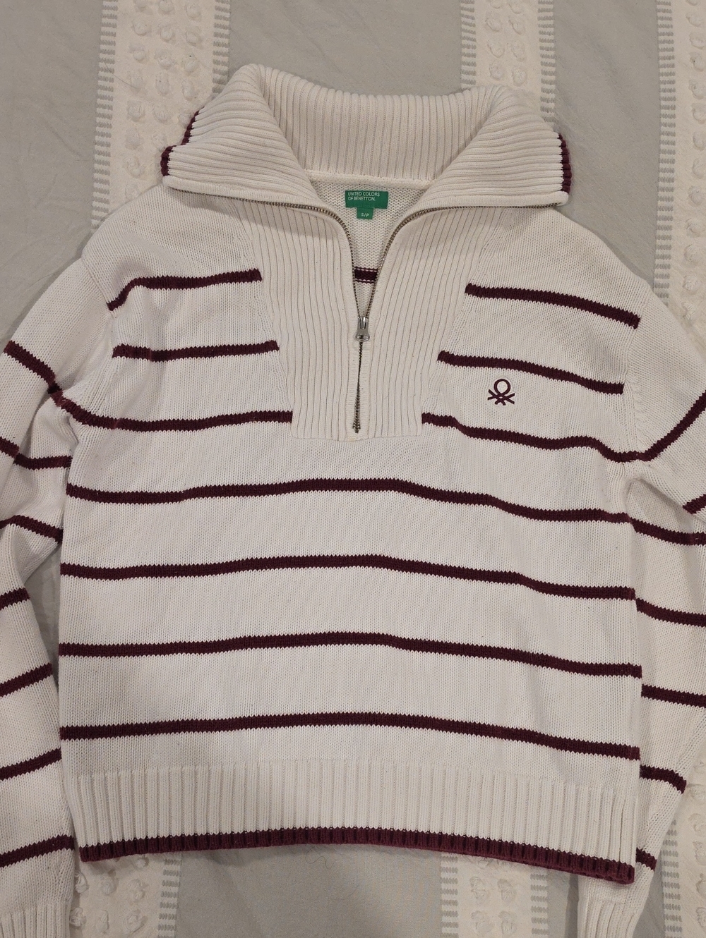 United Colors Of Benetton White Zip-Up Sweater with Burgundy Stripes